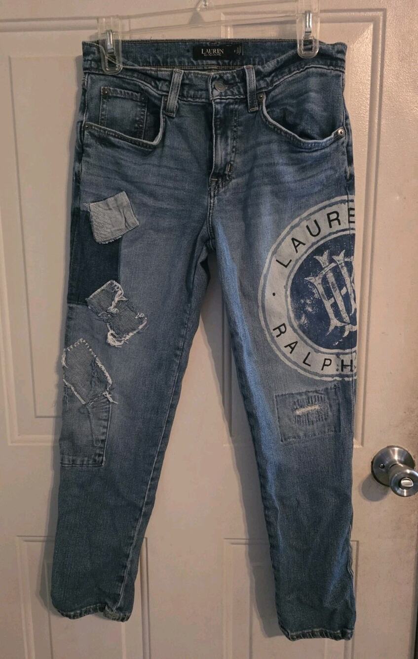 Lauren Ralph Lauren Relaxed Tapered Jeans Large Polo Logo Size 0 Denim Patchwork